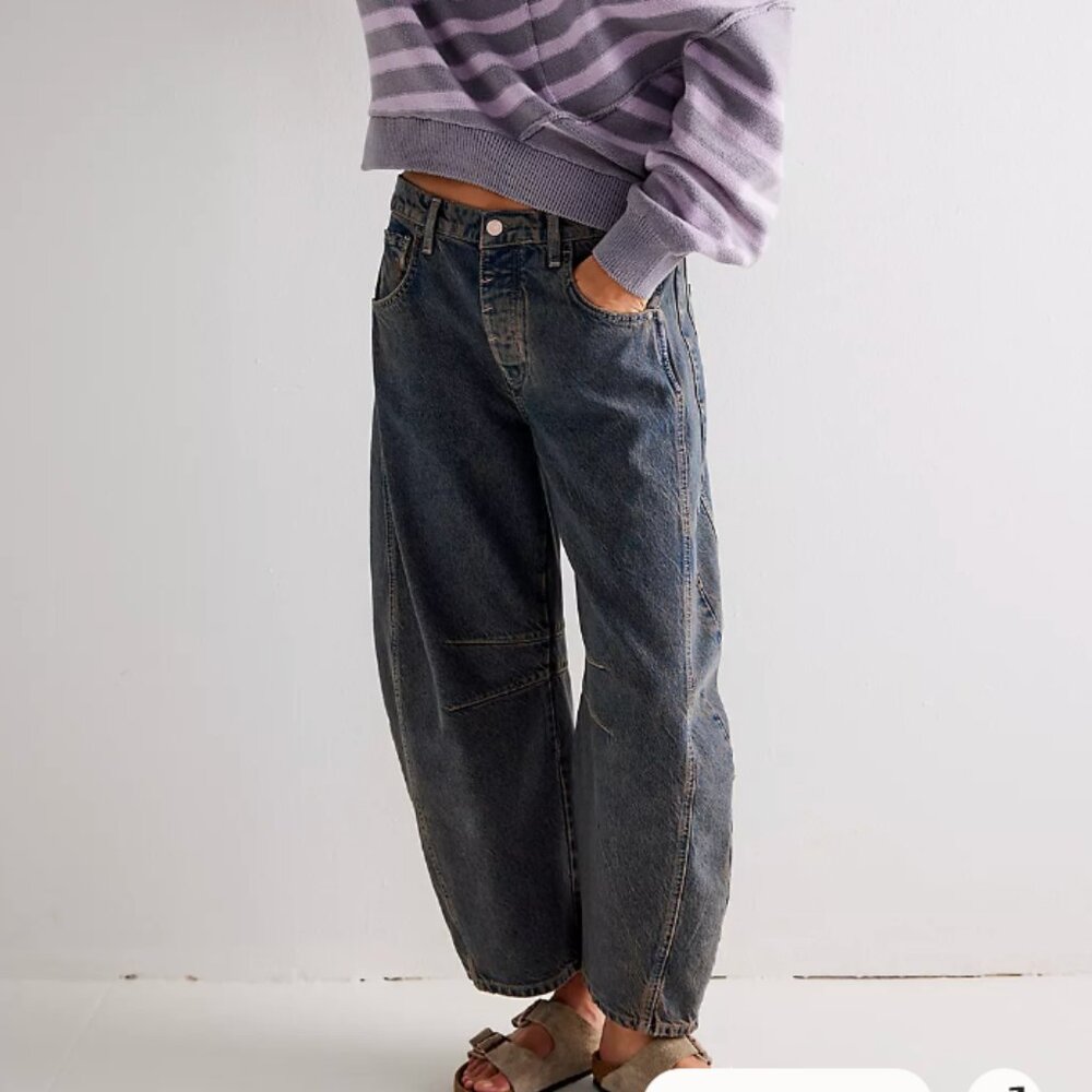 NWT We The Free Good Luck Mid-Rise Barrel Jeans Ian Indigo Sz 28